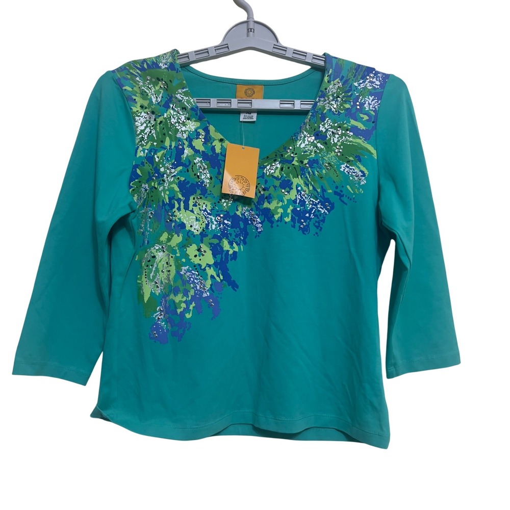 Ruby Rd Petite Turquoise Blue Floral‎ 3/4 Sleeve V Neck Top PM